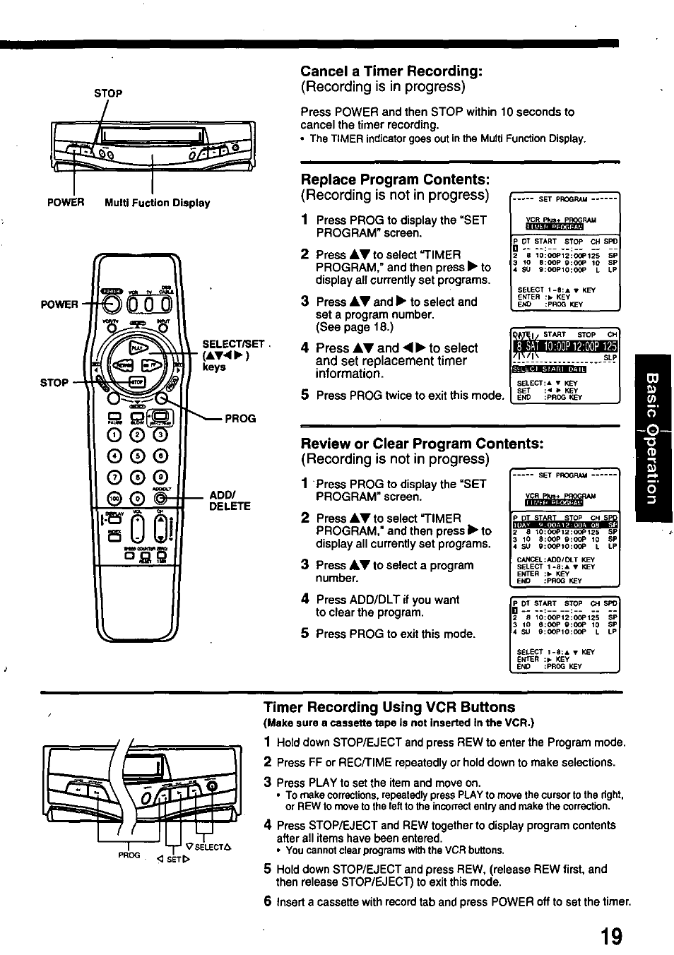 Cancel a timer recording, Replace program contents, Bbaoboni | Review or clear program contents, Timer recording using vcr buttons, Recording is in progress), Recording is not in progress) 1, Recording is not in progress) | Panasonic OMNIVISION PV-8402 User Manual | Page 19 / 36