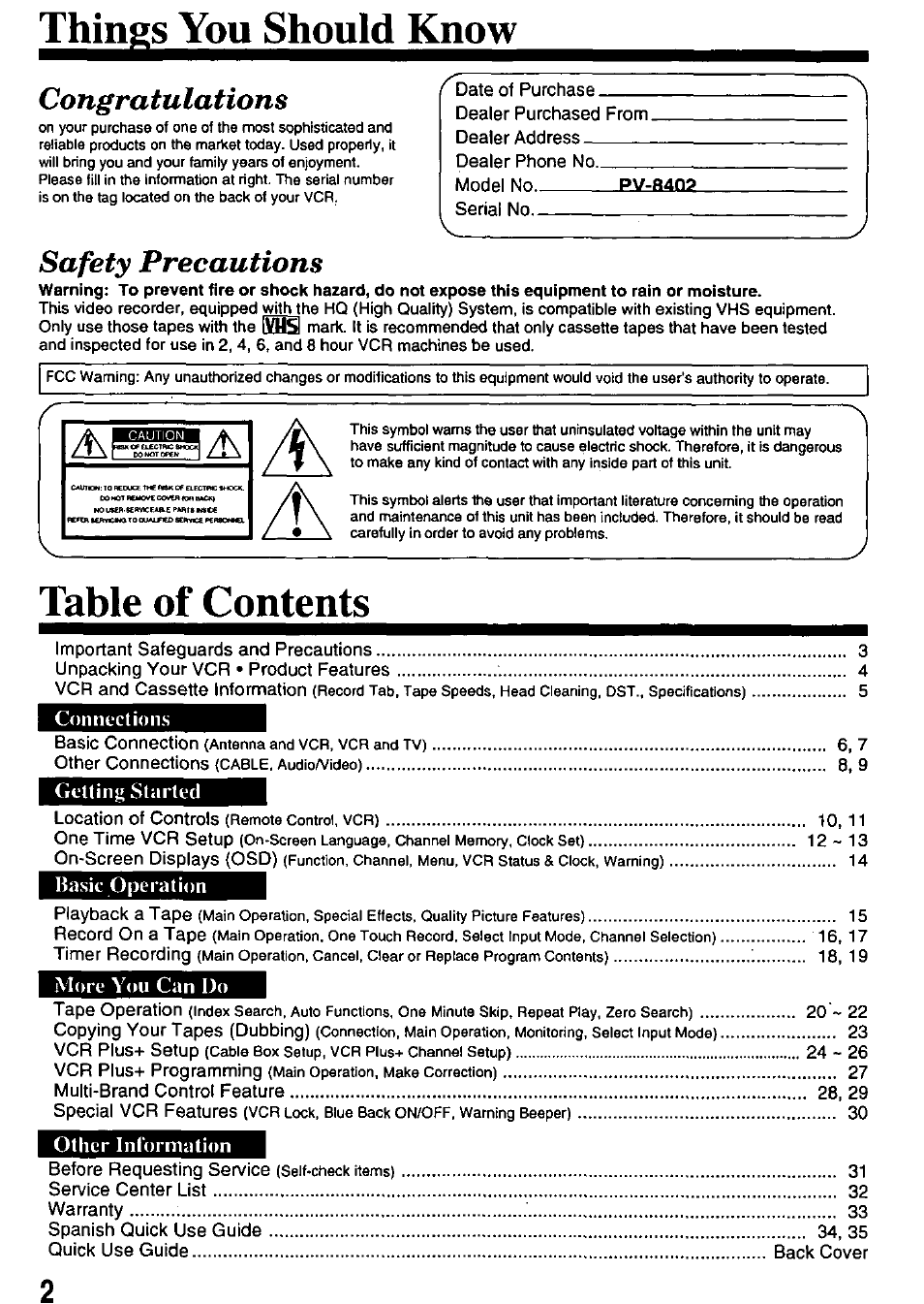 Thingsyo^shouldkm, Safety precautions | Panasonic OMNIVISION PV-8402 User Manual | Page 2 / 36