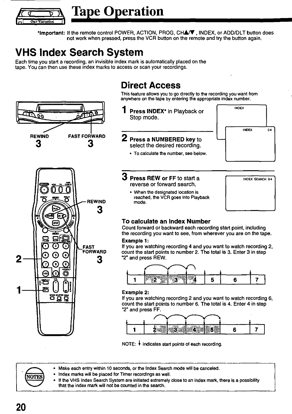 T d' b a tape operation, Vms index search system, Direct access | 1 press index* in playback or stop mode, Press a numbered key to, Select the desired recording, To calculate an index number | Panasonic OMNIVISION PV-8402 User Manual | Page 20 / 36