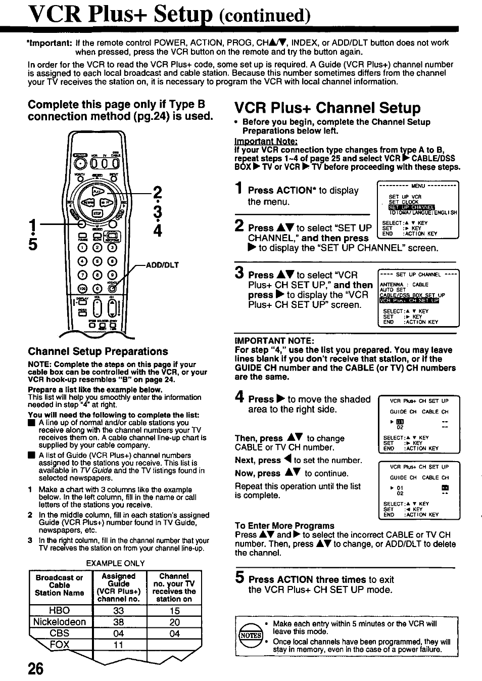 Vcr plus+ setup (continued), Channel setup preparations, Vcr plus+ channel setup | Baabbiraa, Plus+ setup, Continued) | Panasonic OMNIVISION PV-8402 User Manual | Page 26 / 36