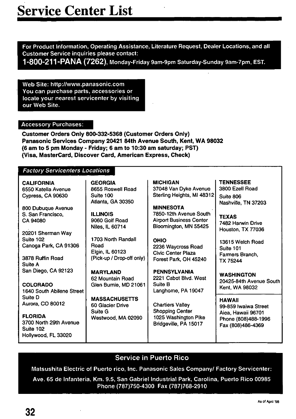 Service center list, Service in puerto rico | Panasonic OMNIVISION PV-8402 User Manual | Page 32 / 36