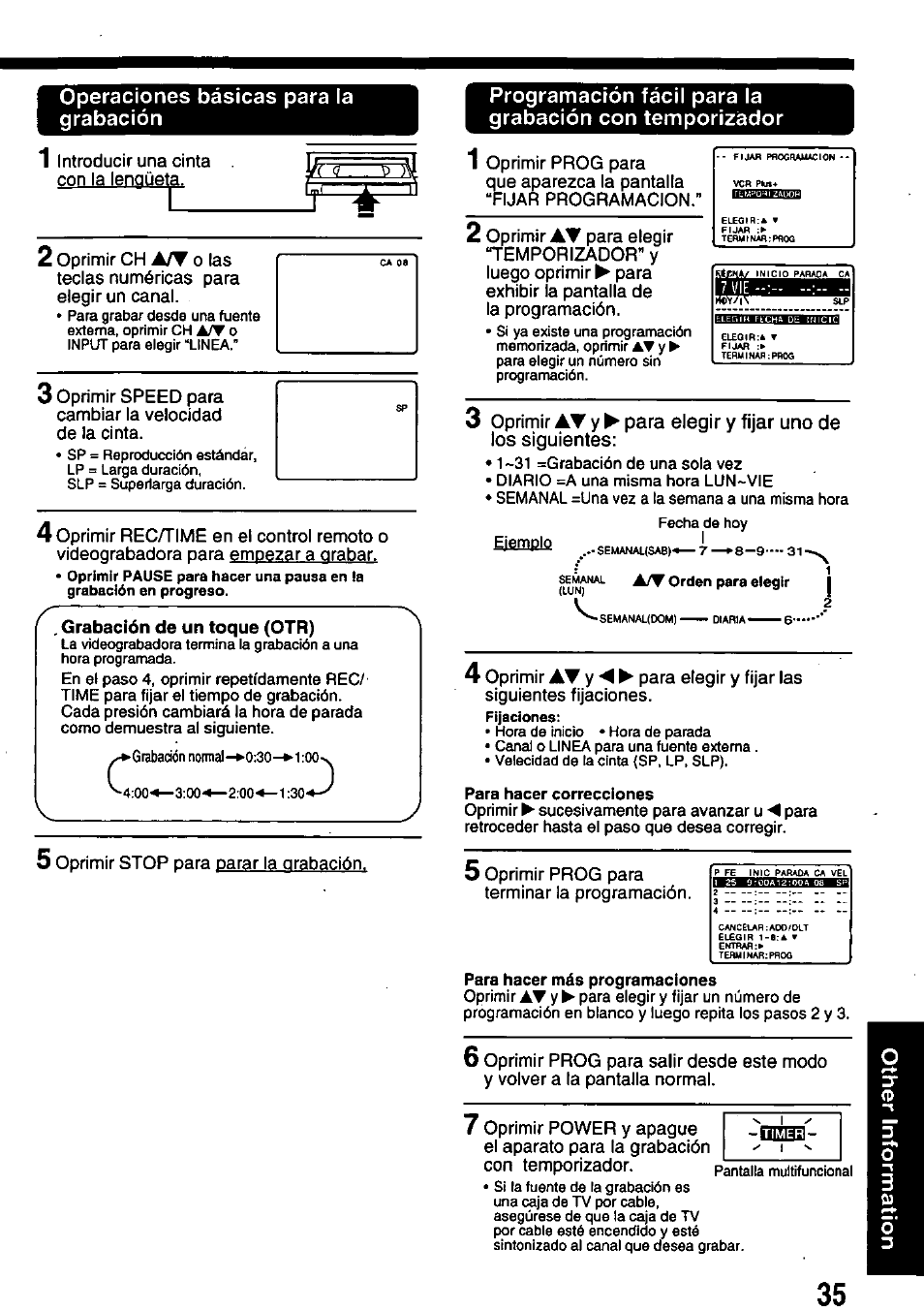 Operaciones básicas para la grabación, Grabación de un toque (otr) | Panasonic OMNIVISION PV-8402 User Manual | Page 35 / 36