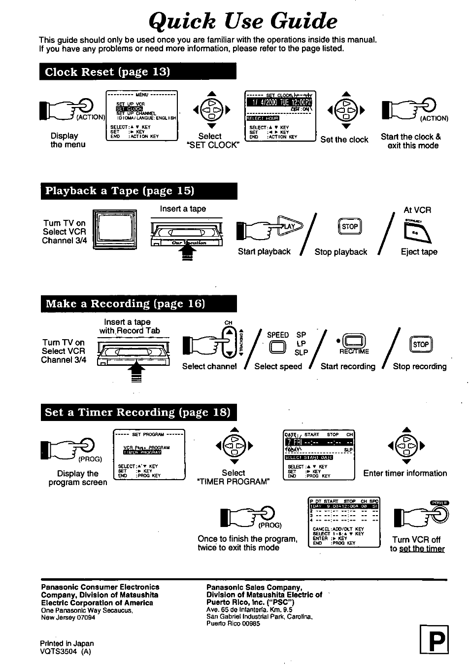 R'l=0, Quick use guide, Clock reset (page 13) | Playback a tape (page 15), Make a recording (page 16), Set a timer recording (page 18) | Panasonic OMNIVISION PV-8402 User Manual | Page 36 / 36