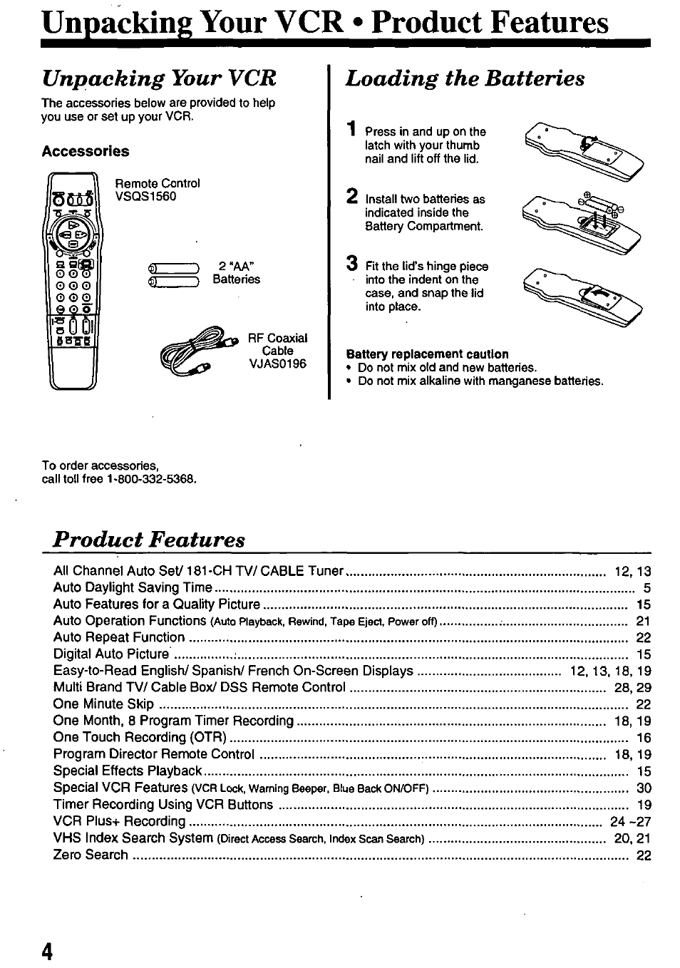 Unpacking your vcr • product features, Accessories, Unpacking your vcr | Loading the batteries, Product features | Panasonic OMNIVISION PV-8402 User Manual | Page 4 / 36