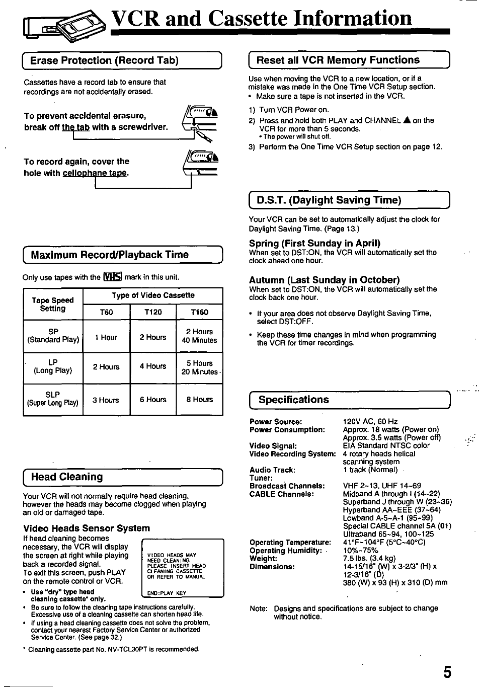 Vcr and cassette information, Erase protection (record tab), Maximum record/playback time | Head cleaning, Video heads sensor system, Reset all vcr memory functions ), D.s.t. (daylight saving time), Spring (first sunday in april), Autumn (last sunday in october), Specifications | Panasonic OMNIVISION PV-8402 User Manual | Page 5 / 36