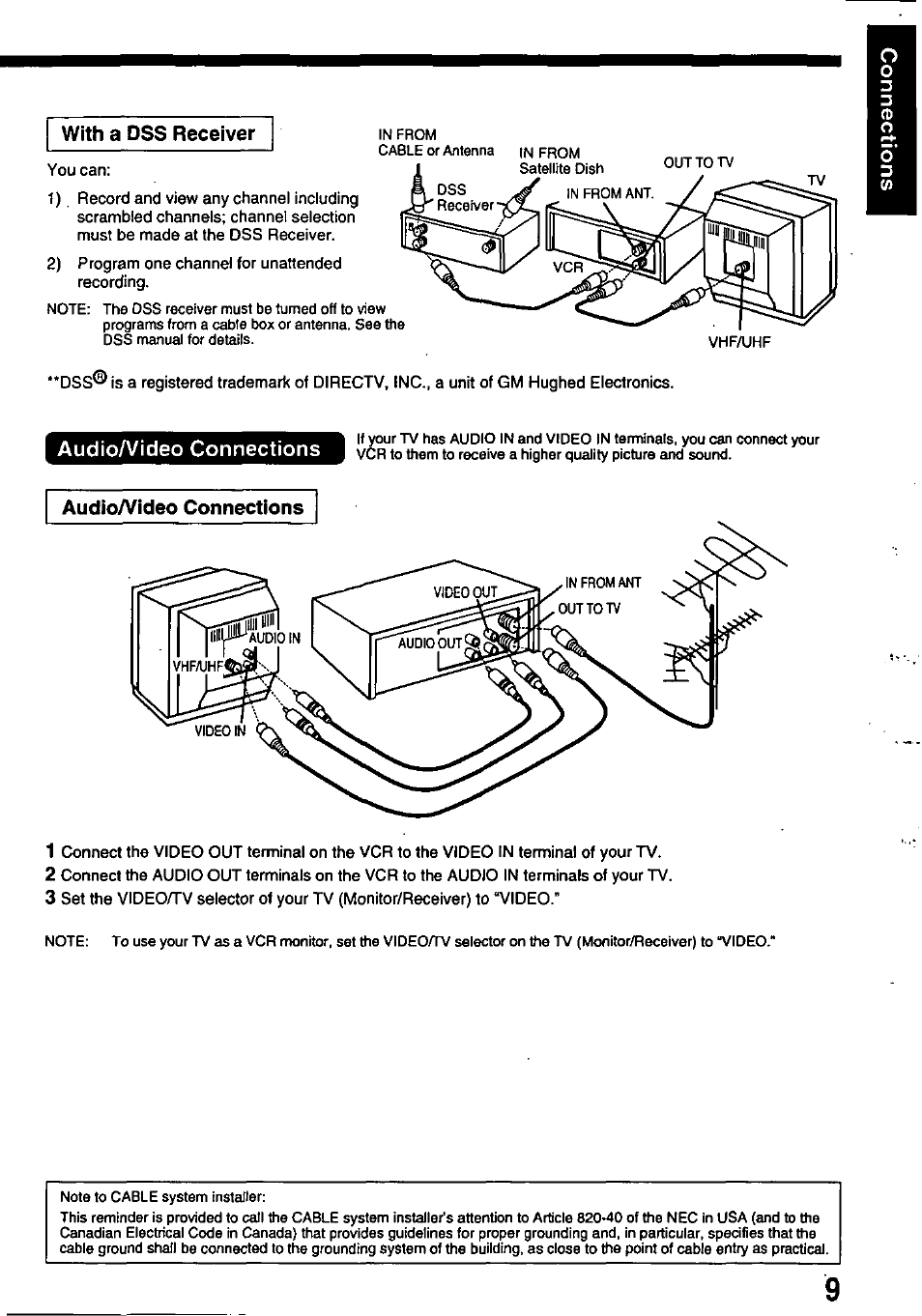 With a dss receiver, Audioa/ideo connections | Panasonic OMNIVISION PV-8402 User Manual | Page 9 / 36