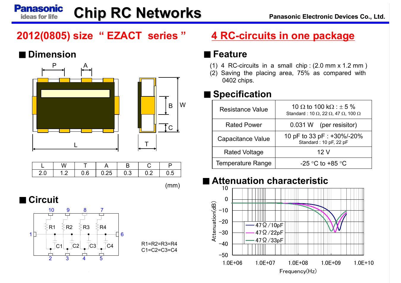 Chip rc networks, Dimension circuit, Specification feature | Attenuation characteristic | Panasonic EZADT series User Manual | Page 2 / 2