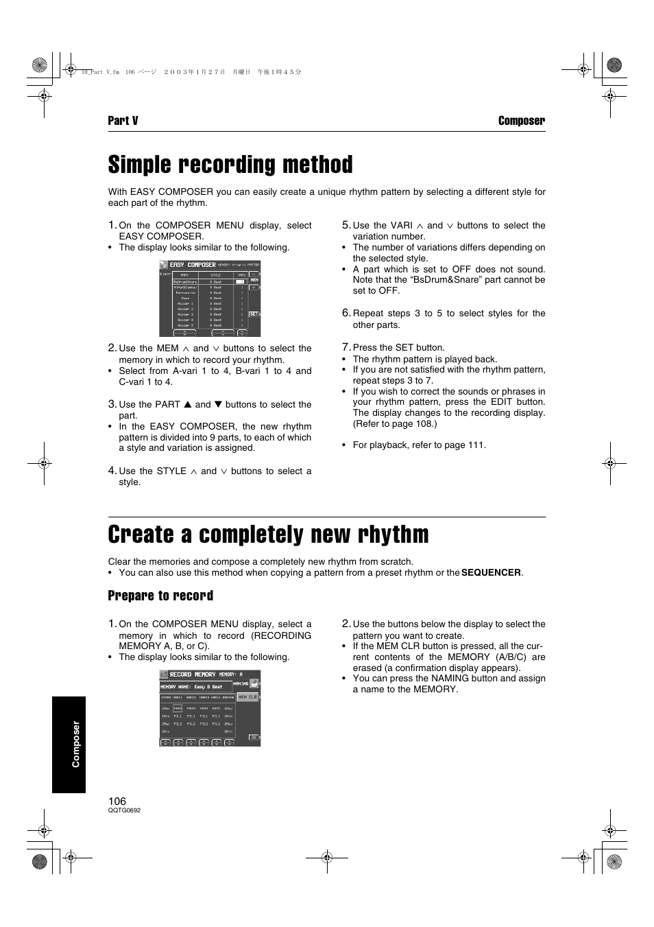 Simple recording method, Create a completely new rhythm, Prepare to record | Part v composer | Panasonic SX-KN2600 User Manual | Page 106 / 200