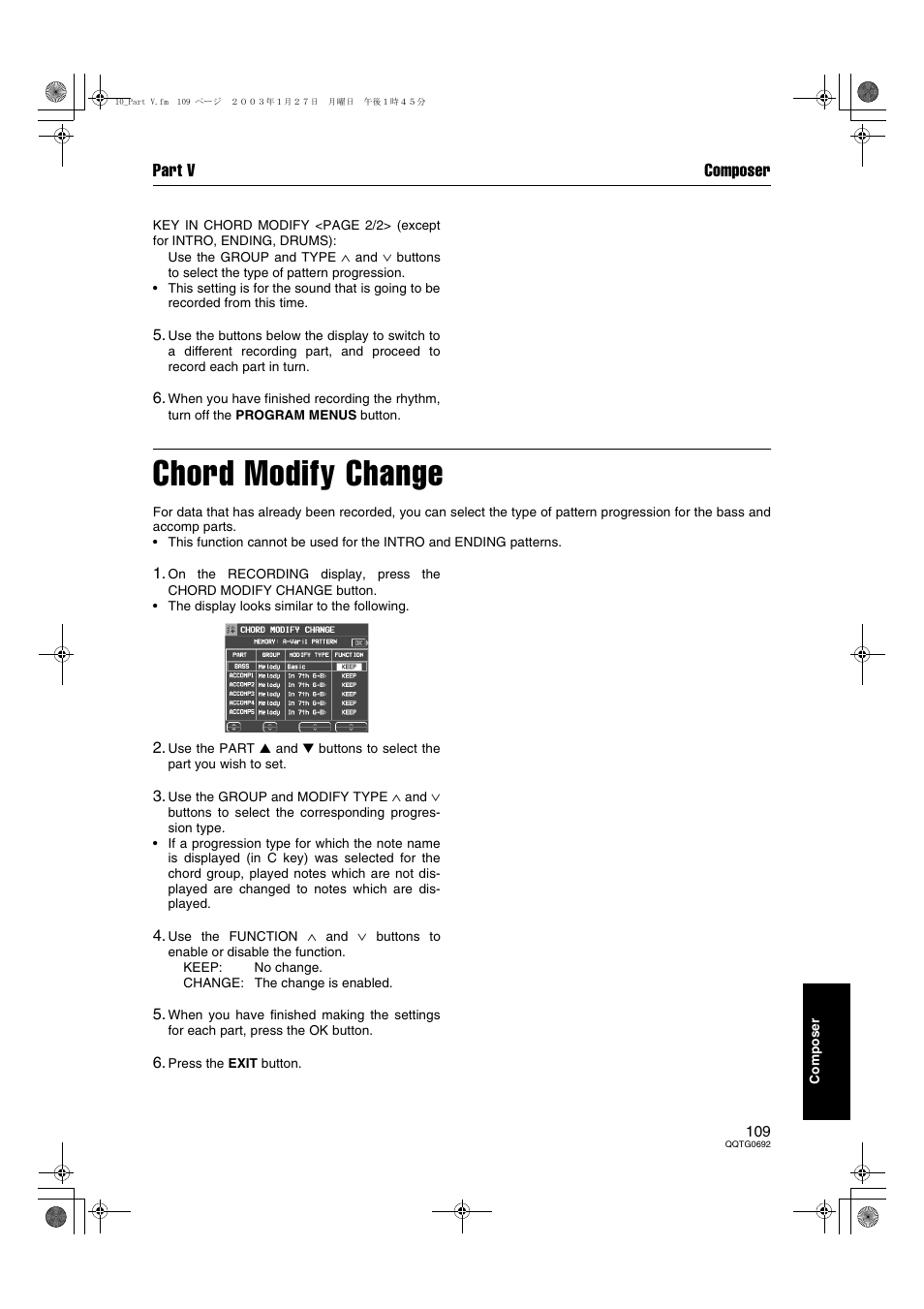 Chord modify change, Part v composer | Panasonic SX-KN2600 User Manual | Page 109 / 200