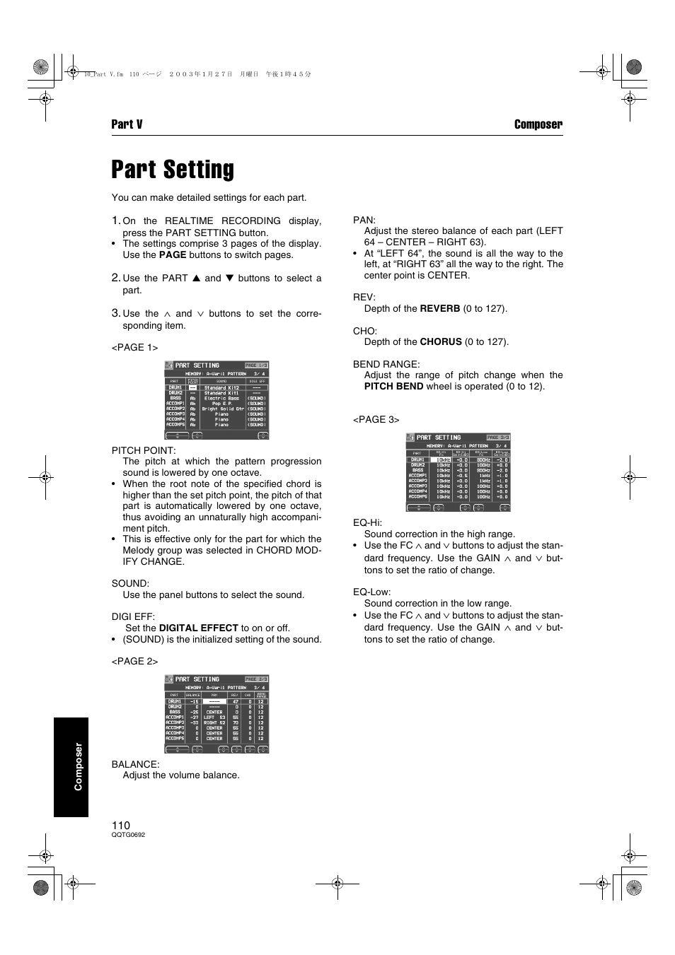 Part setting, Part v composer | Panasonic SX-KN2600 User Manual | Page 110 / 200