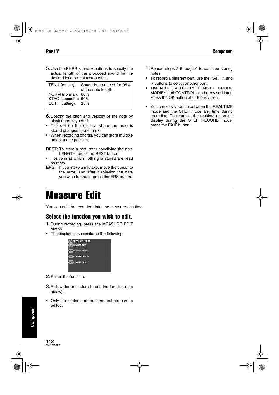 Measure edit, Select the function you wish to edit, Part v composer | Panasonic SX-KN2600 User Manual | Page 112 / 200