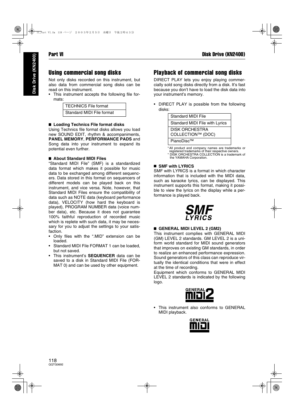 Using commercial song disks, Playback of commercial song disks, Part vi disk drive (kn2400) | Panasonic SX-KN2600 User Manual | Page 118 / 200