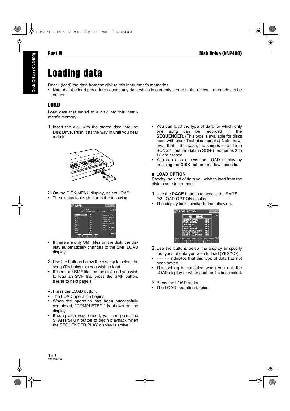 Loading data, Load, Part vi disk drive (kn2400) | Panasonic SX-KN2600 User Manual | Page 120 / 200