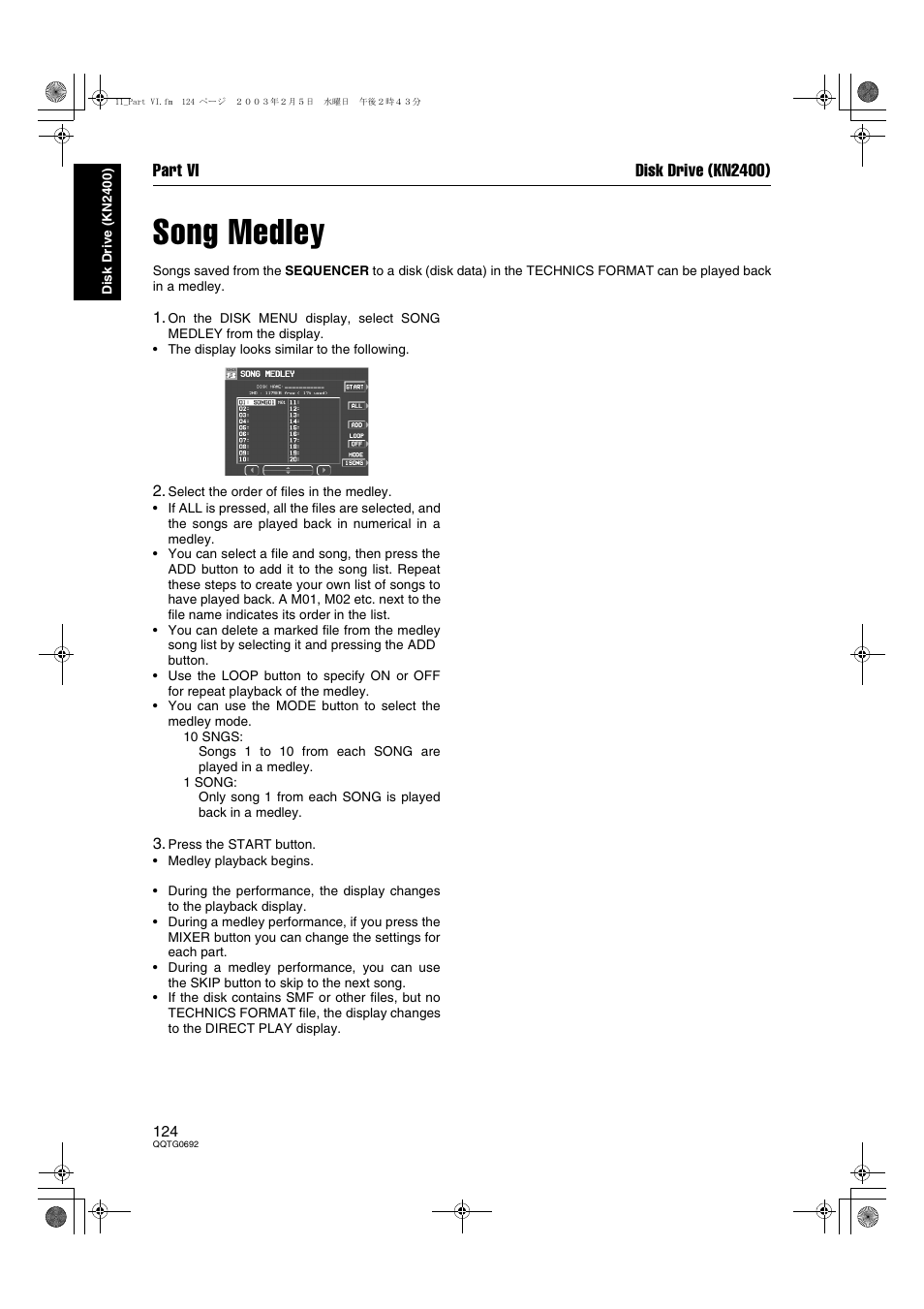 Song medley, Part vi disk drive (kn2400) | Panasonic SX-KN2600 User Manual | Page 124 / 200