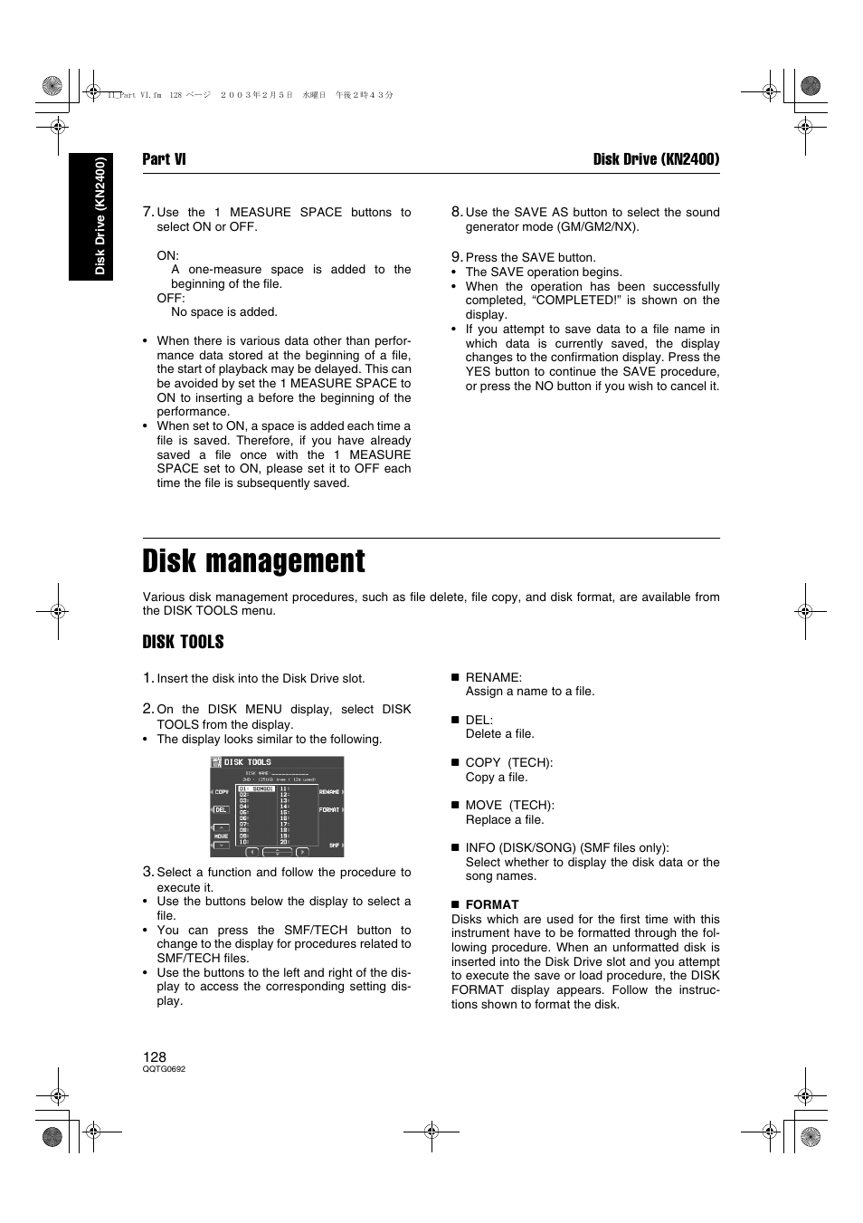 Disk management, Disk tools, Part vi disk drive (kn2400) | Panasonic SX-KN2600 User Manual | Page 128 / 200