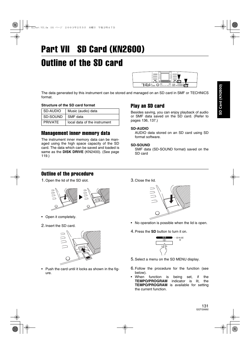 Part vii sd card (kn2600), Part vii sd card (kn2600) outline of the sd card, Play an sd card | Outline of the procedure | Panasonic SX-KN2600 User Manual | Page 131 / 200