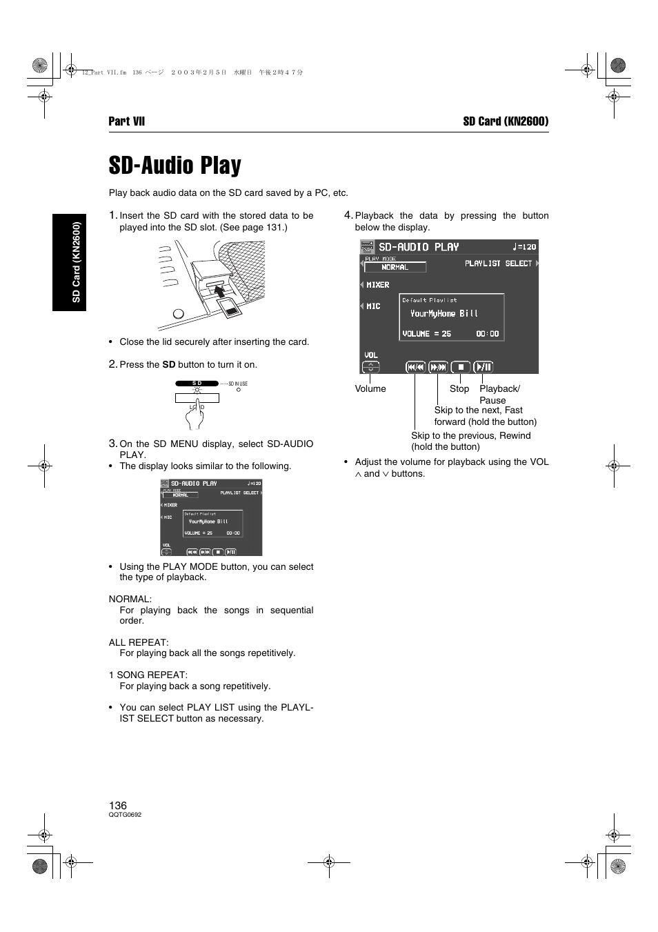 Sd-audio play, Part vii sd card (kn2600) | Panasonic SX-KN2600 User Manual | Page 136 / 200