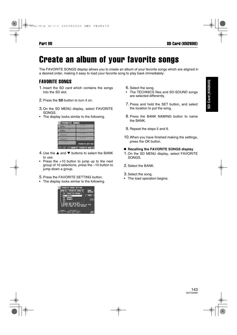 Create an album of your favorite songs, Favorite songs, Part vii sd card (kn2600) | Panasonic SX-KN2600 User Manual | Page 143 / 200