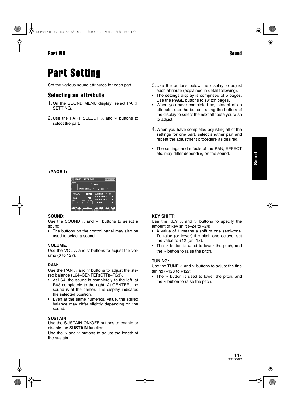 Part setting, Selecting an attribute, Part viii sound | Panasonic SX-KN2600 User Manual | Page 147 / 200