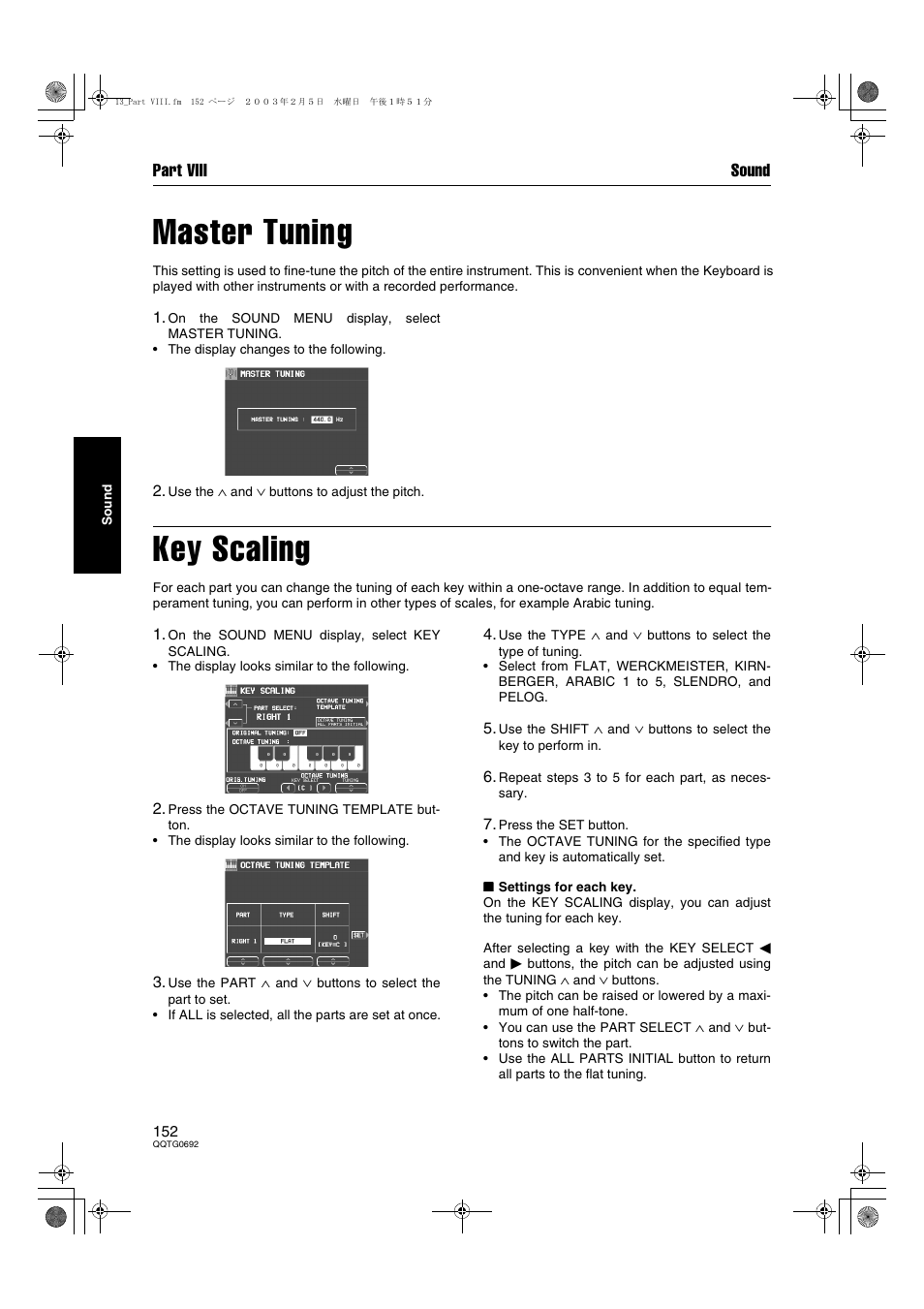 Master tuning, Key scaling, Part viii sound | Panasonic SX-KN2600 User Manual | Page 152 / 200