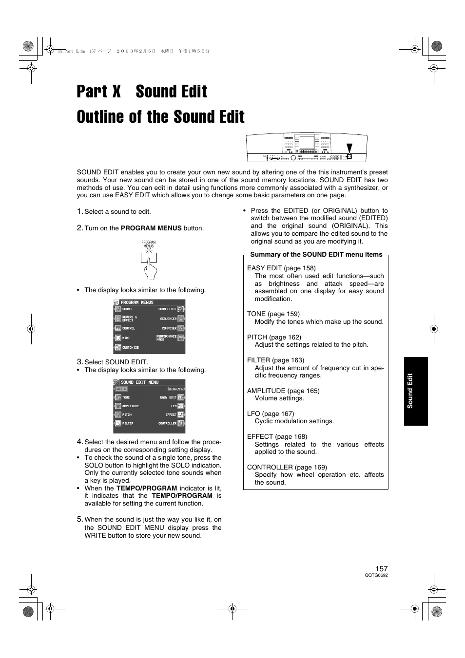 Part x sound edit, Part x sound edit outline of the sound edit | Panasonic SX-KN2600 User Manual | Page 157 / 200