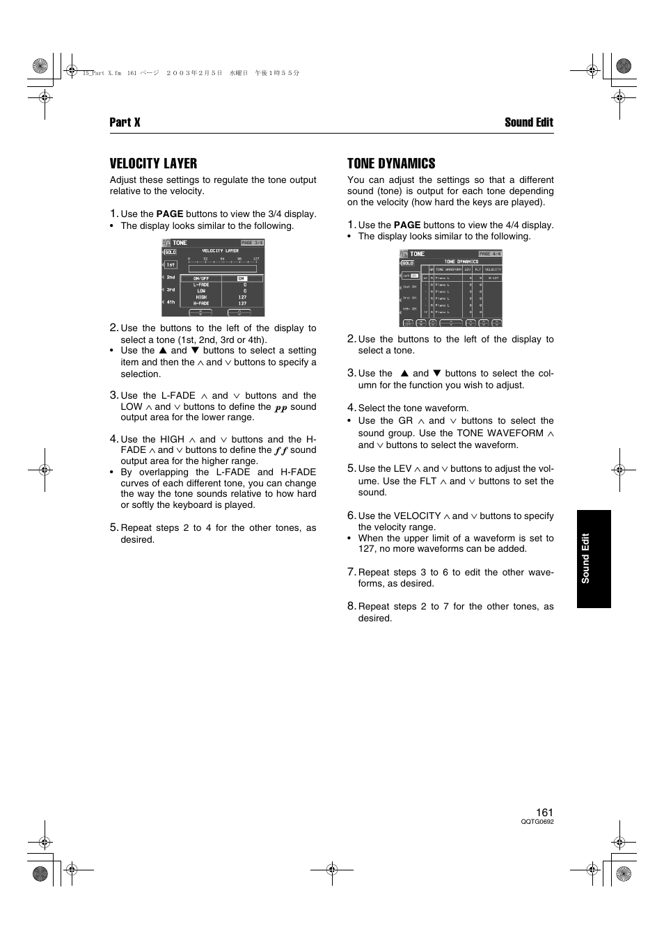 Velocity layer, Tone dynamics, Part x sound edit | Panasonic SX-KN2600 User Manual | Page 161 / 200