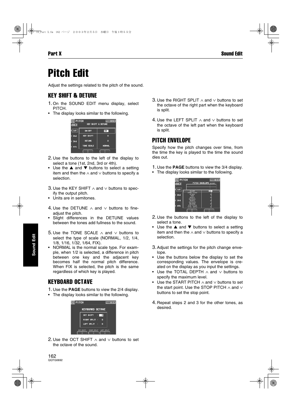 Pitch edit, Key shift & detune, Keyboard octave | Pitch envelope, Part x sound edit | Panasonic SX-KN2600 User Manual | Page 162 / 200