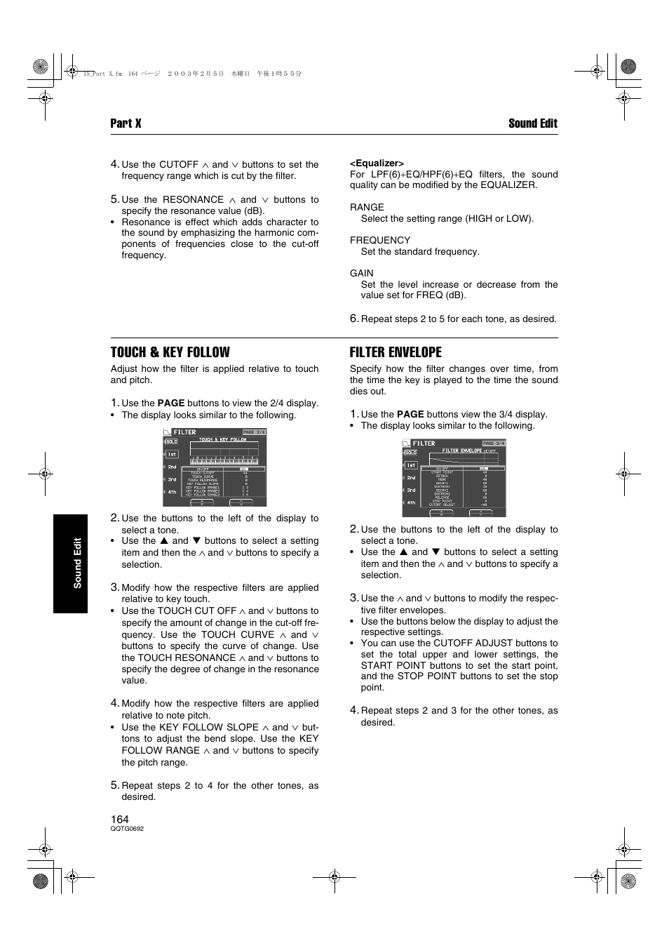 Touch & key follow, Filter envelope, Part x sound edit | Panasonic SX-KN2600 User Manual | Page 164 / 200