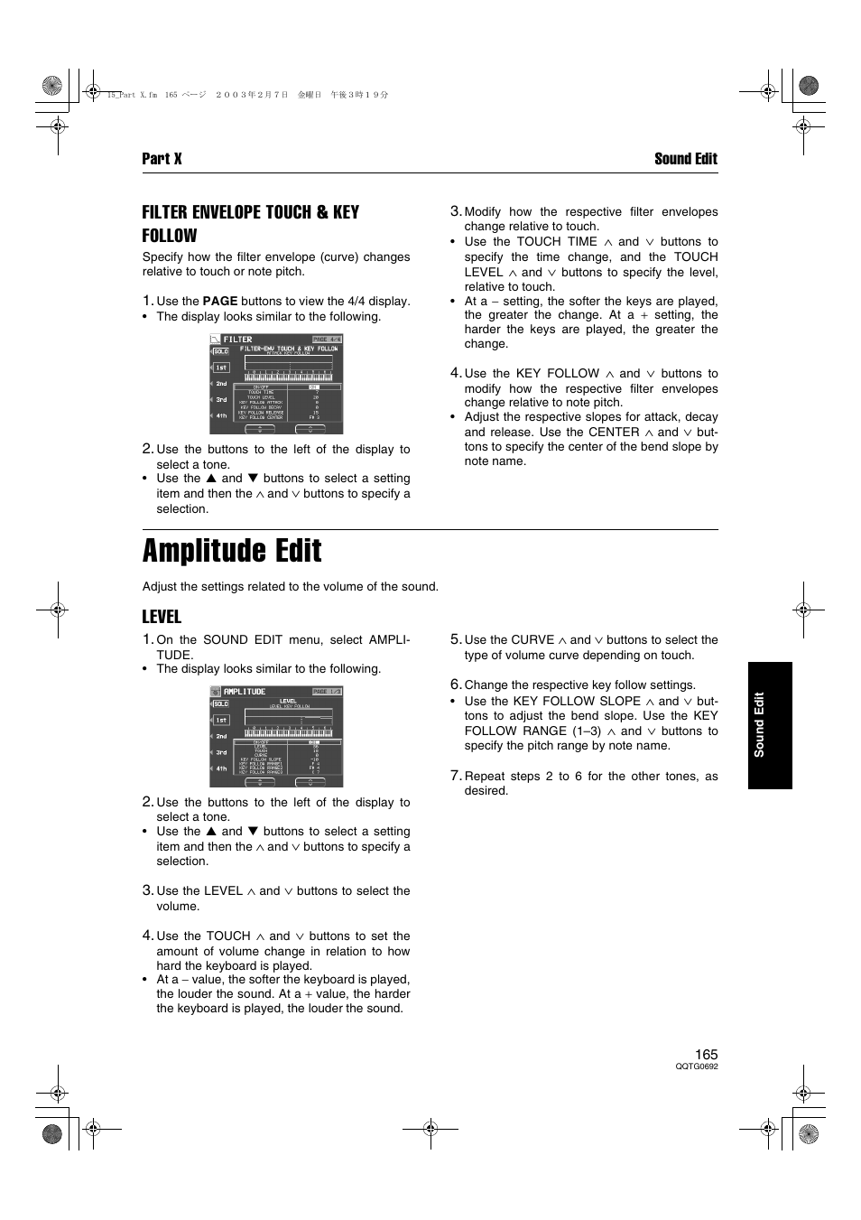 Amplitude edit, Filter envelope touch & key follow, Level | Part x sound edit | Panasonic SX-KN2600 User Manual | Page 165 / 200