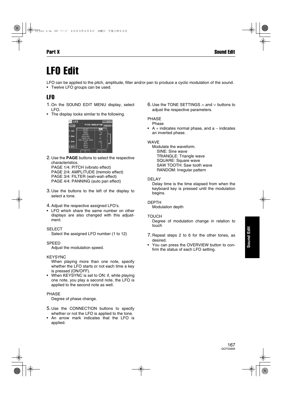 Lfo edit, Part x sound edit | Panasonic SX-KN2600 User Manual | Page 167 / 200