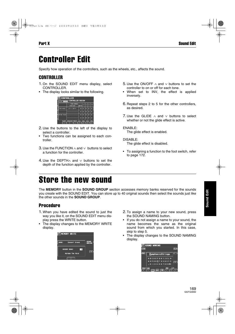 Controller edit, Store the new sound, Controller | Procedure, Part x sound edit | Panasonic SX-KN2600 User Manual | Page 169 / 200