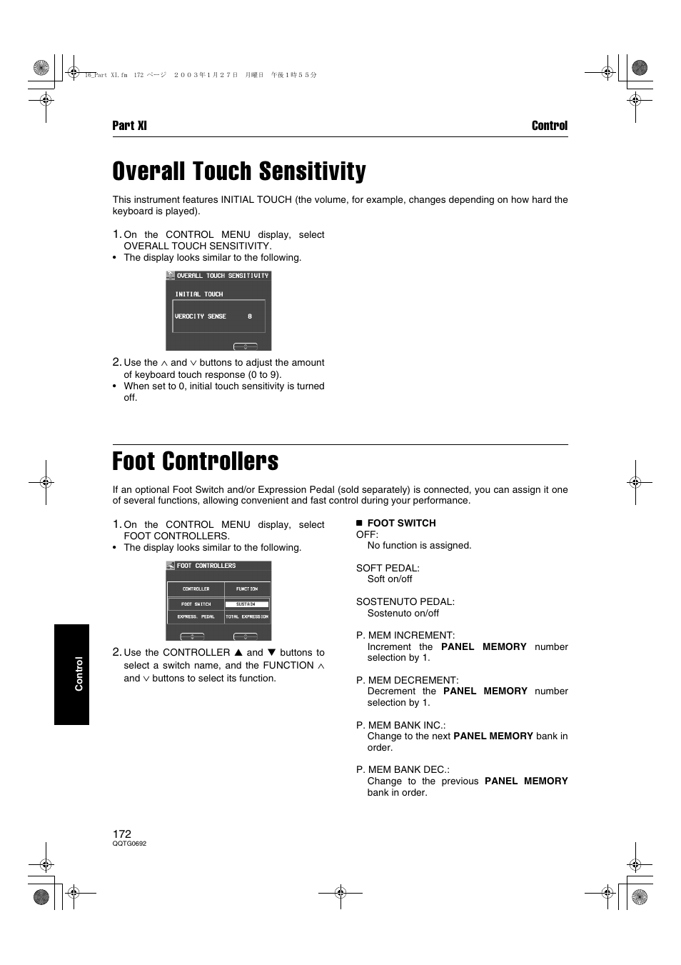 Overall touch sensitivity, Foot controllers, Part xi control | Panasonic SX-KN2600 User Manual | Page 172 / 200