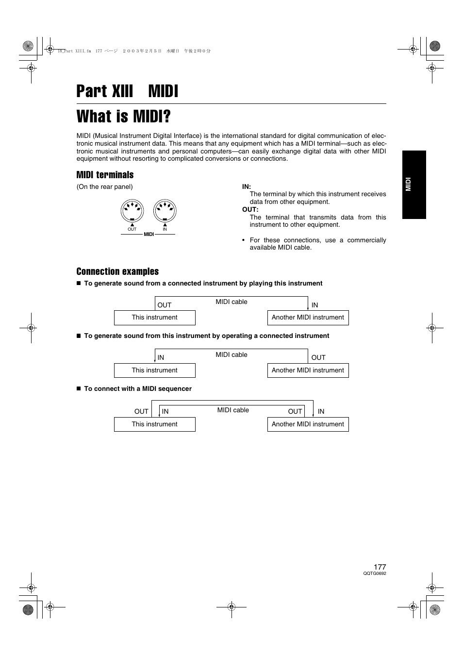 Part xiii midi, Part xiii midi what is midi, Midi terminals | Connection examples | Panasonic SX-KN2600 User Manual | Page 177 / 200