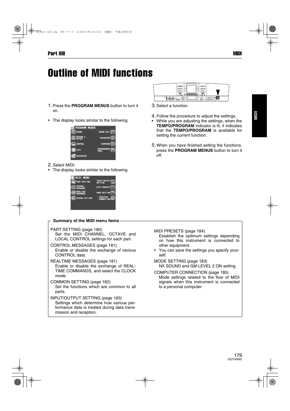 Outline of midi functions, Part xiii midi | Panasonic SX-KN2600 User Manual | Page 179 / 200