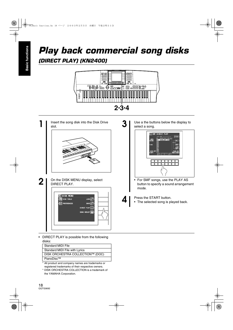 Play back commercial song disks, Direct play) (kn2400) | Panasonic SX-KN2600 User Manual | Page 18 / 200