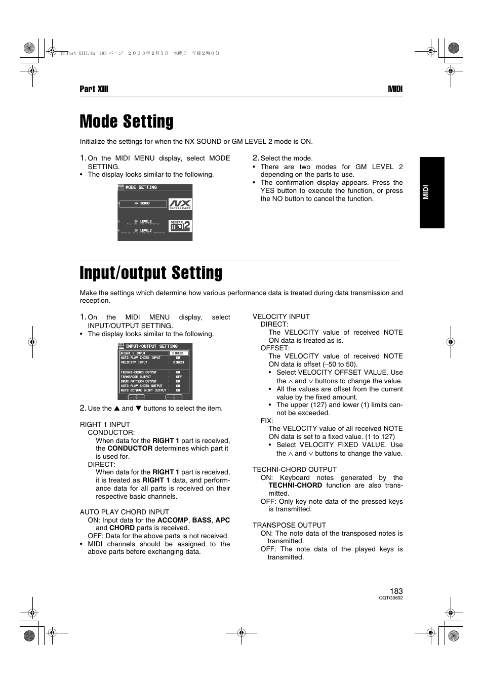 Mode setting, Input/output setting, Part xiii midi | Panasonic SX-KN2600 User Manual | Page 183 / 200