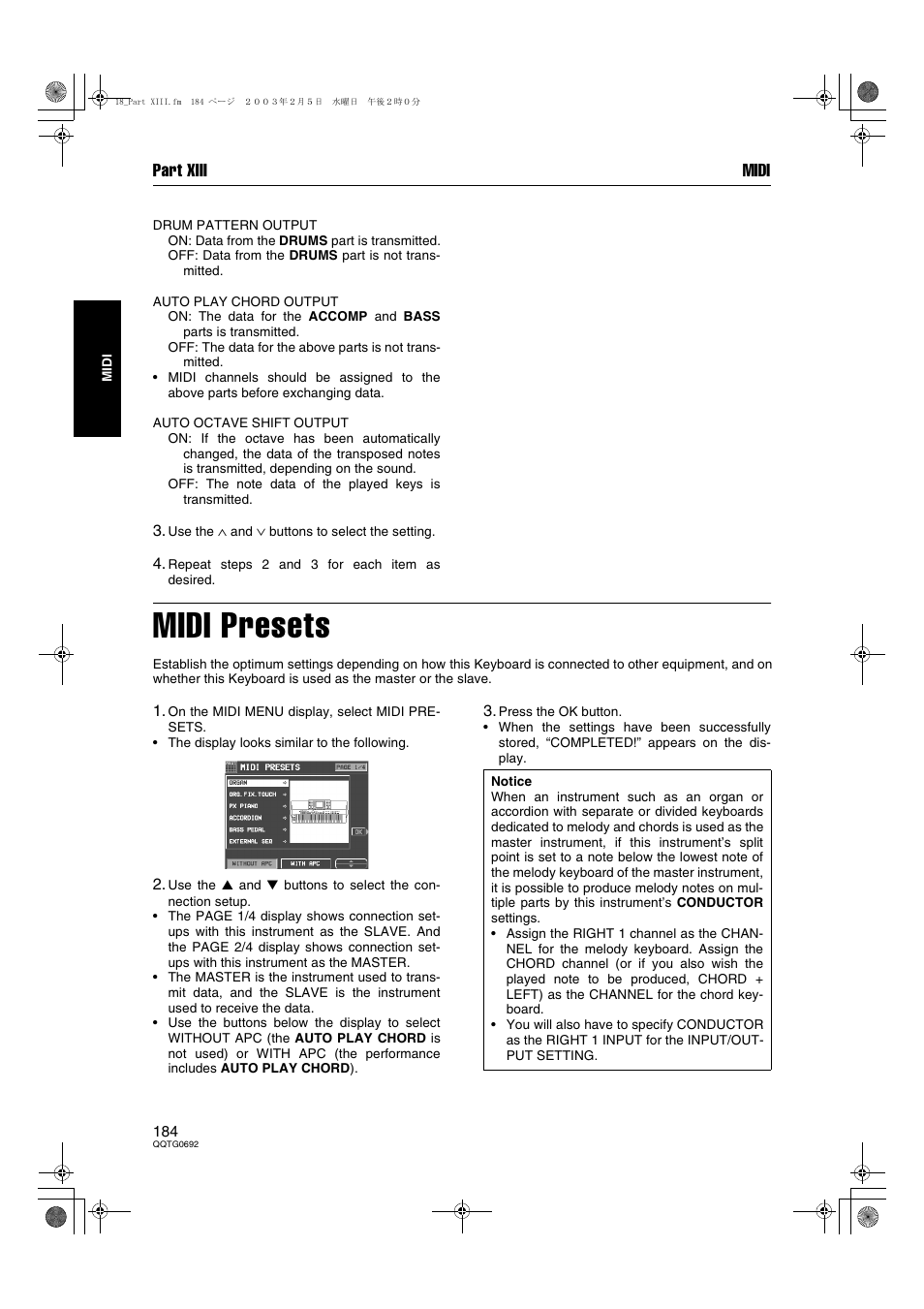 Midi presets, Part xiii midi | Panasonic SX-KN2600 User Manual | Page 184 / 200