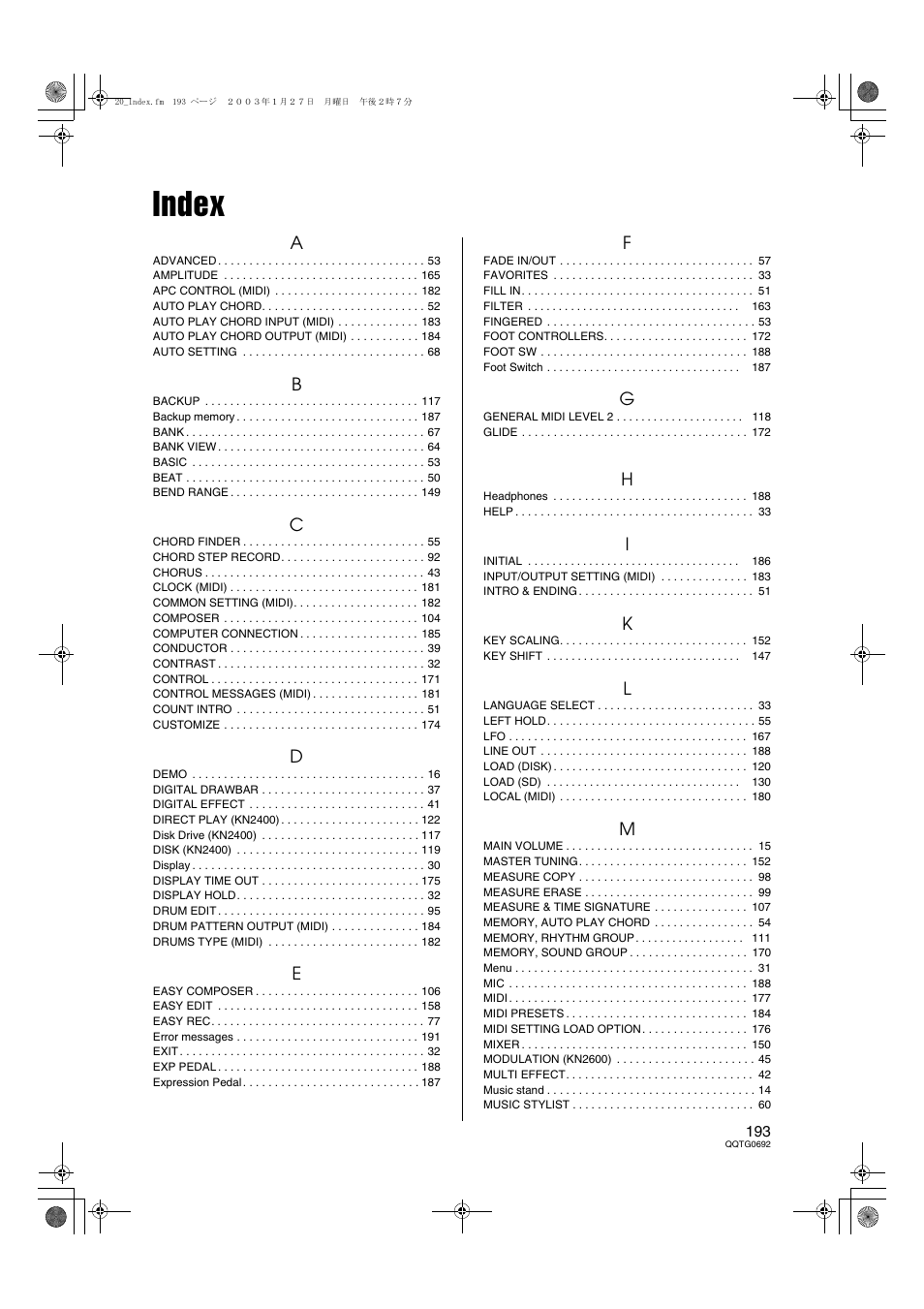 Index | Panasonic SX-KN2600 User Manual | Page 193 / 200