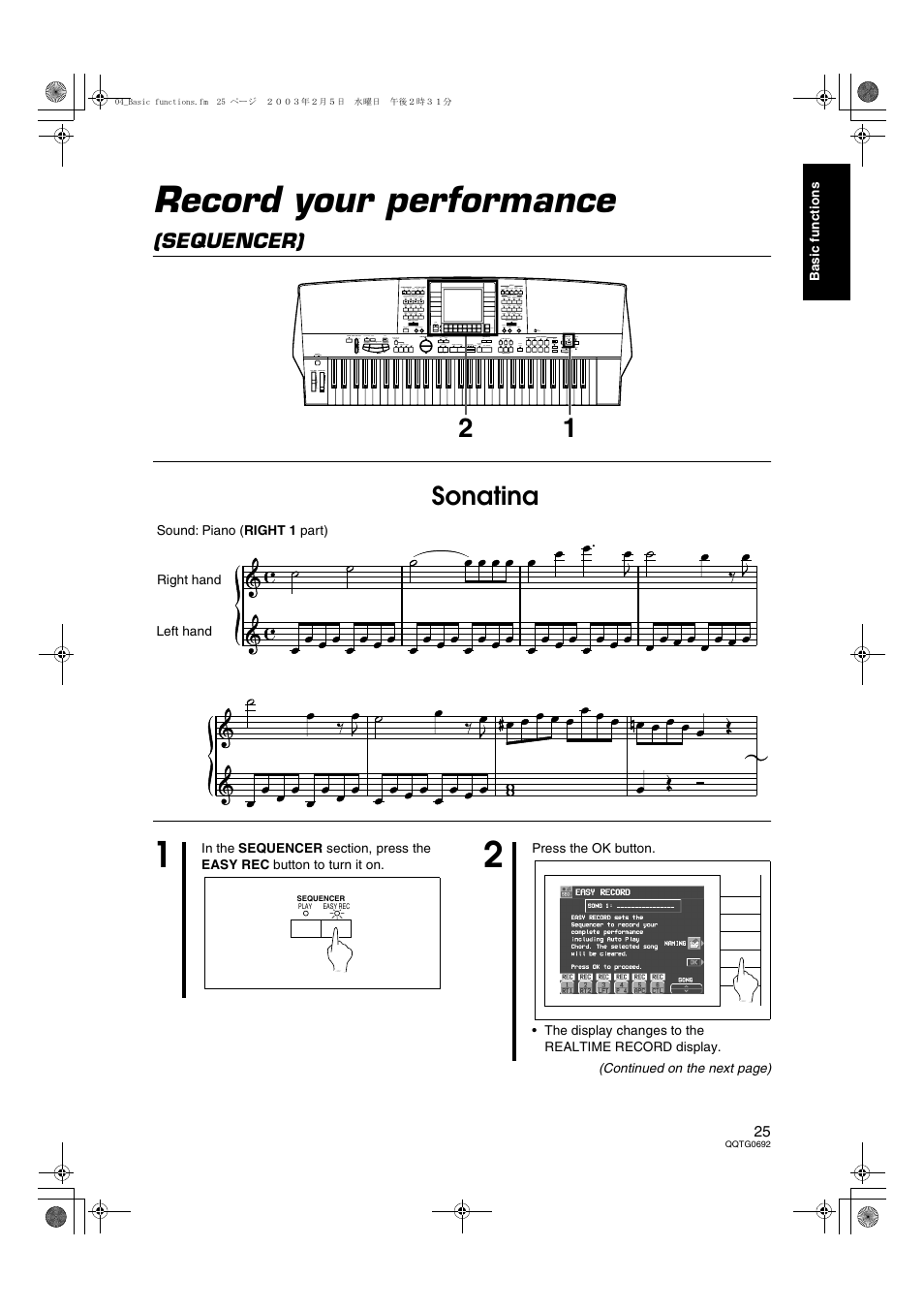 Record your performance (sequencer), Record your performance, Sonatina | Sequencer) | Panasonic SX-KN2600 User Manual | Page 25 / 200