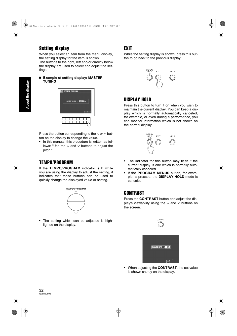 Setting display, Tempo/program, Exit | Display hold, Contrast | Panasonic SX-KN2600 User Manual | Page 32 / 200