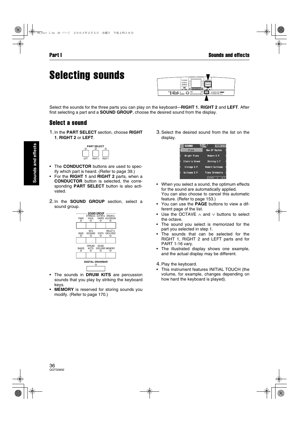 Selecting sounds, Select a sound, Part i sounds and effects | Panasonic SX-KN2600 User Manual | Page 36 / 200