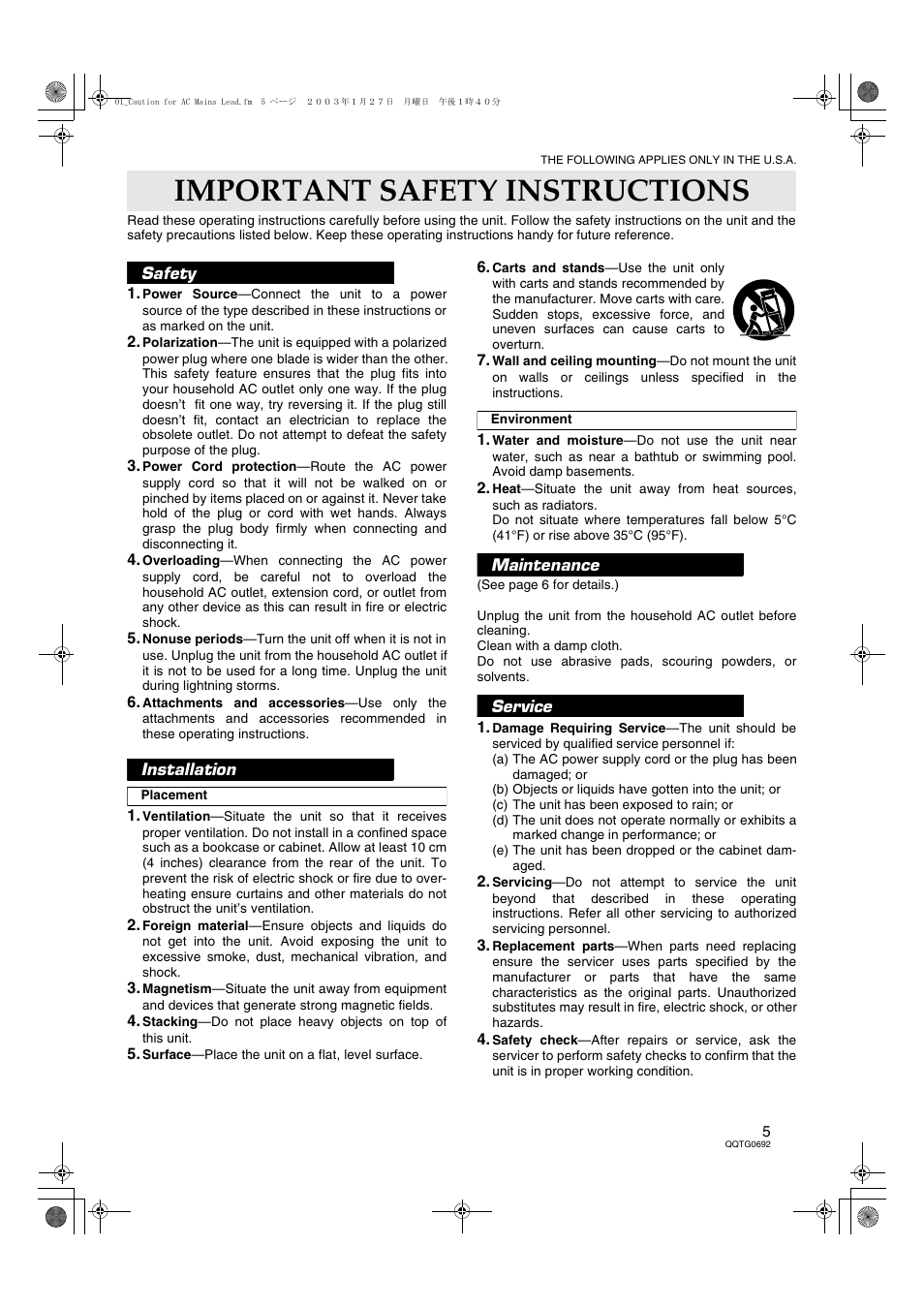 Important safety instructions | Panasonic SX-KN2600 User Manual | Page 5 / 200