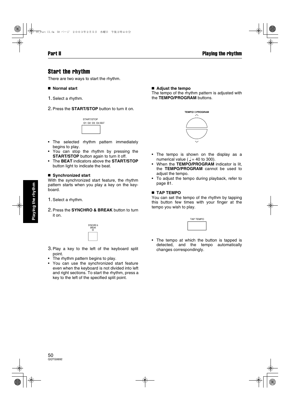 Start the rhythm, Part ii playing the rhythm | Panasonic SX-KN2600 User Manual | Page 50 / 200