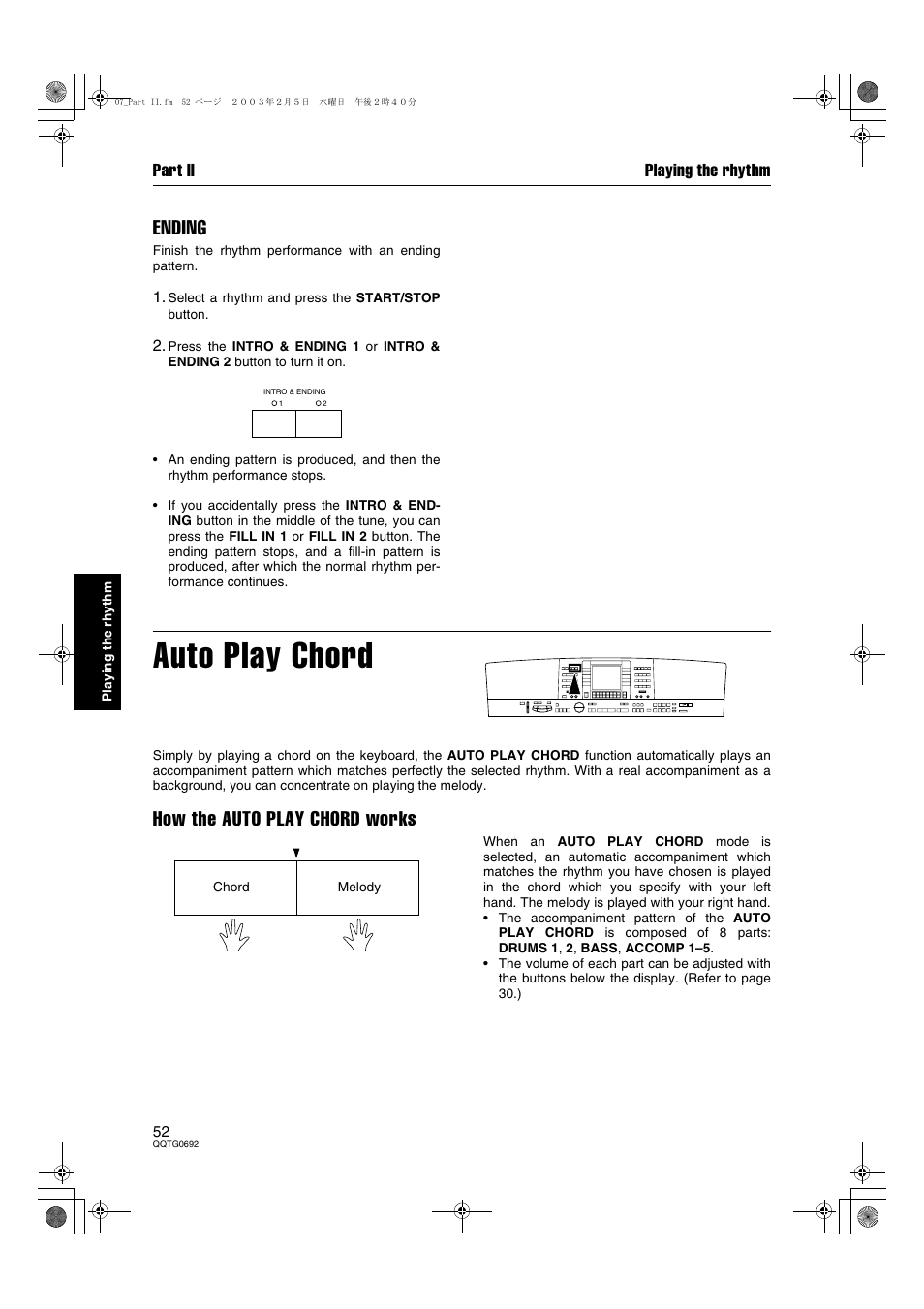 Auto play chord, Ending, How the auto play chord works | Part ii playing the rhythm | Panasonic SX-KN2600 User Manual | Page 52 / 200