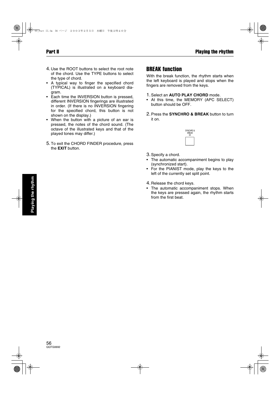 Break function, Part ii playing the rhythm | Panasonic SX-KN2600 User Manual | Page 56 / 200