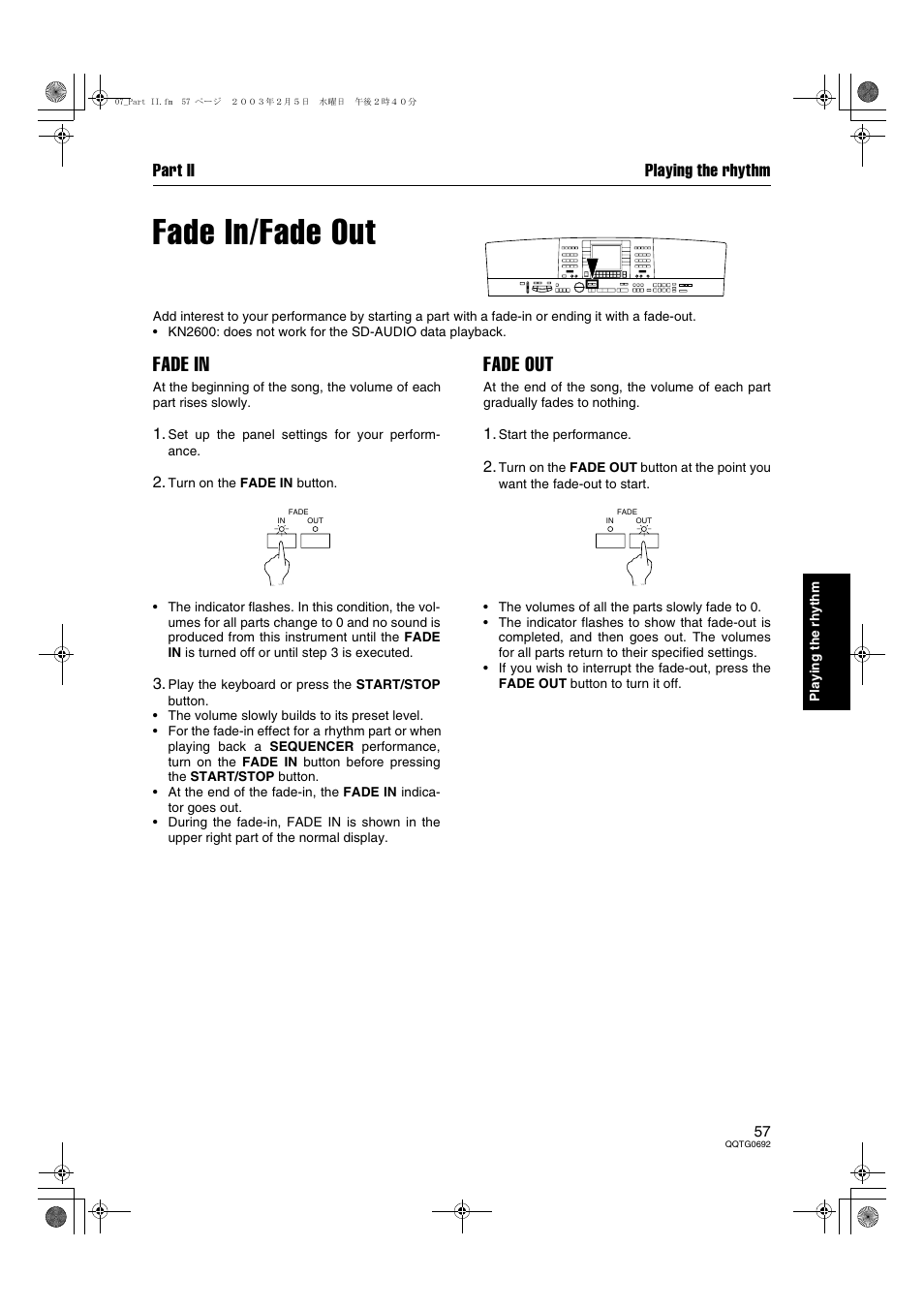 Fade in/fade out, Fade in, Fade out | Part ii playing the rhythm | Panasonic SX-KN2600 User Manual | Page 57 / 200