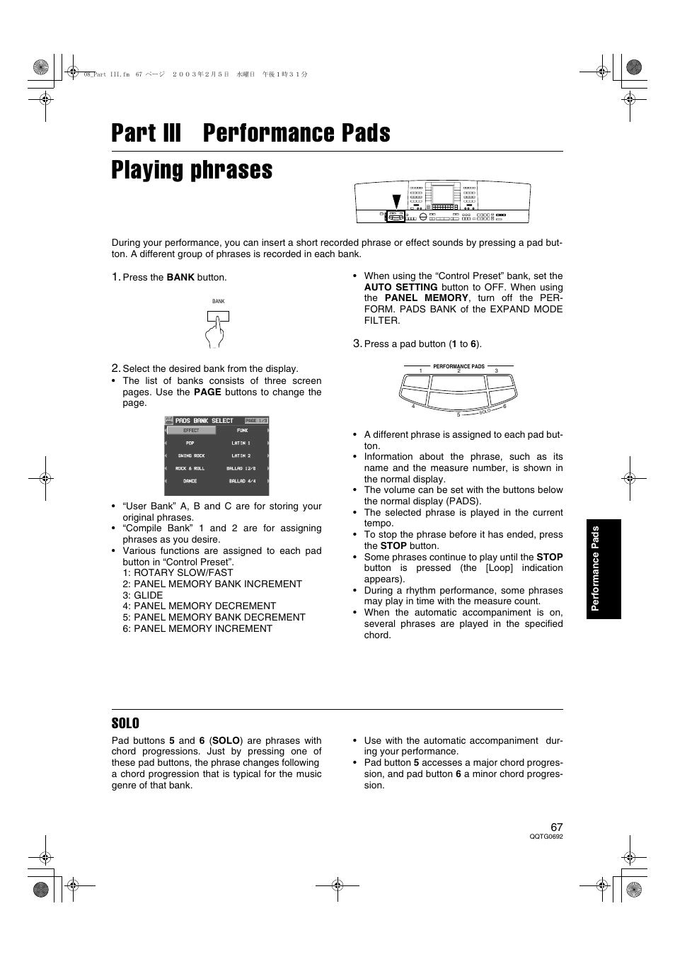 Part iii performance pads, Part iii performance pads playing phrases, Solo | Panasonic SX-KN2600 User Manual | Page 67 / 200