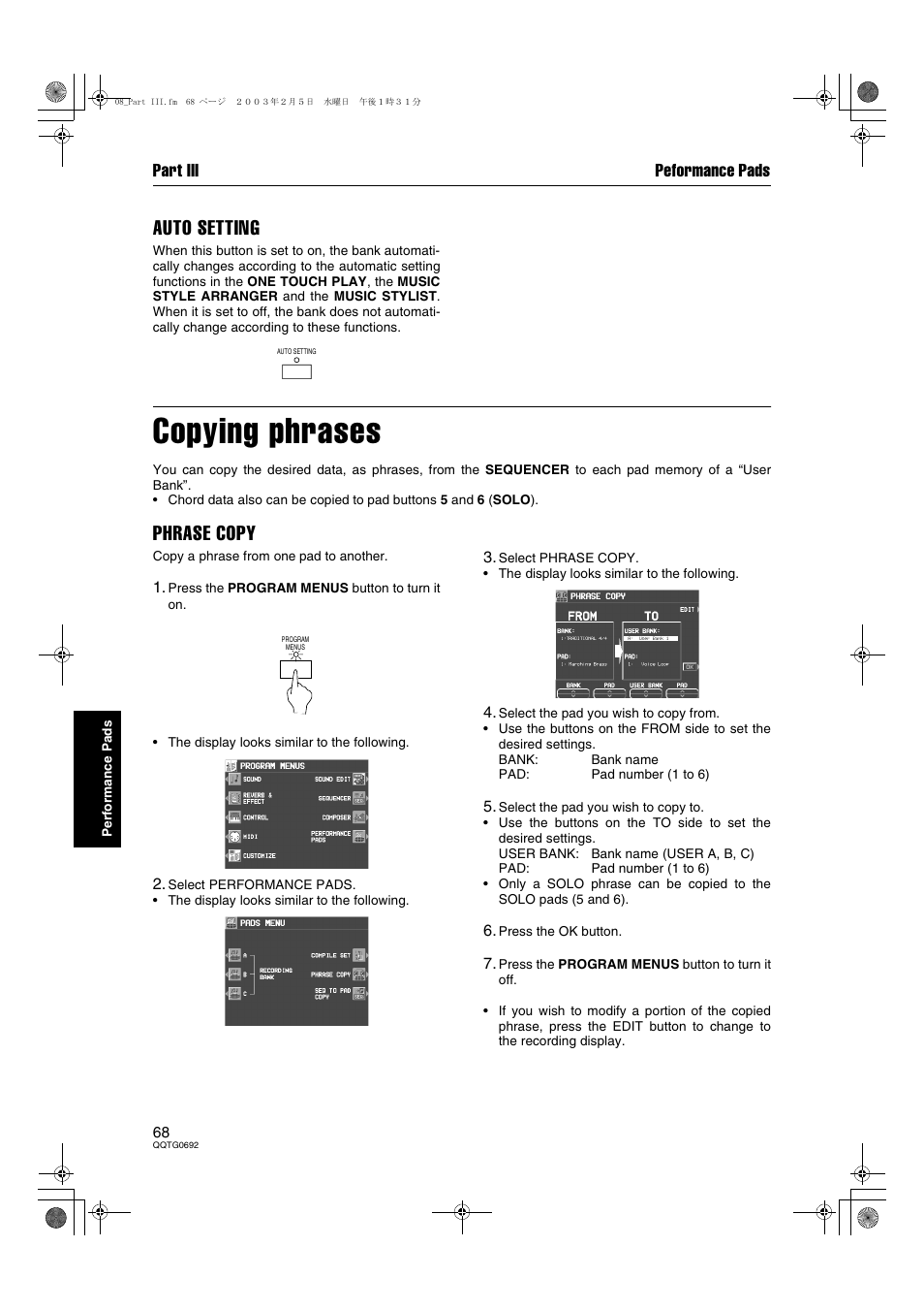 Copying phrases, Auto setting, Phrase copy | Part iii peformance pads | Panasonic SX-KN2600 User Manual | Page 68 / 200