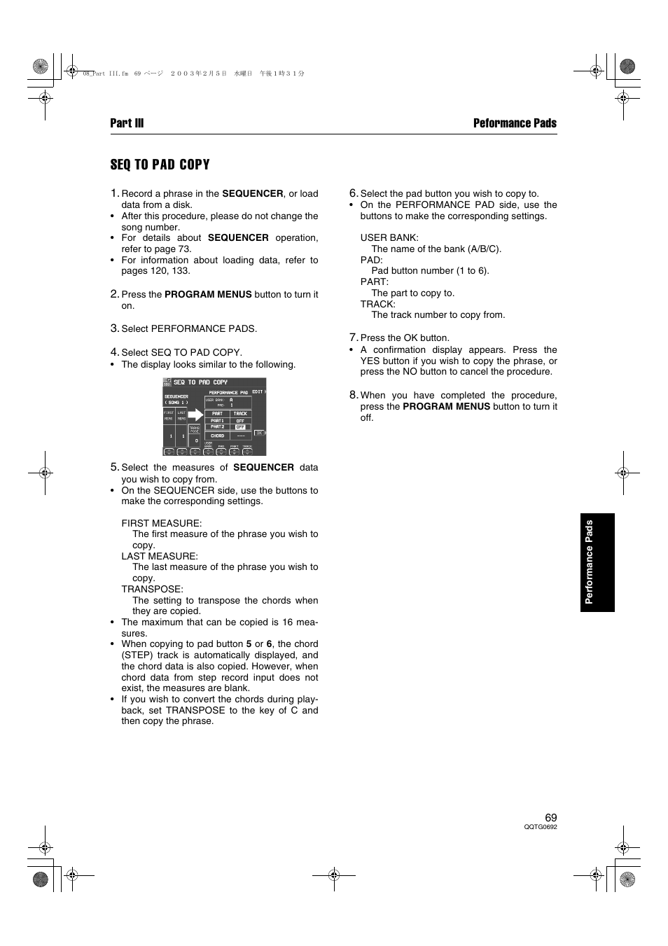 Seq to pad copy, Part iii peformance pads | Panasonic SX-KN2600 User Manual | Page 69 / 200