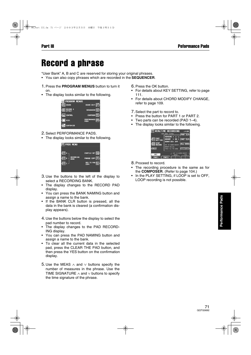 Record a phrase, Part iii peformance pads | Panasonic SX-KN2600 User Manual | Page 71 / 200